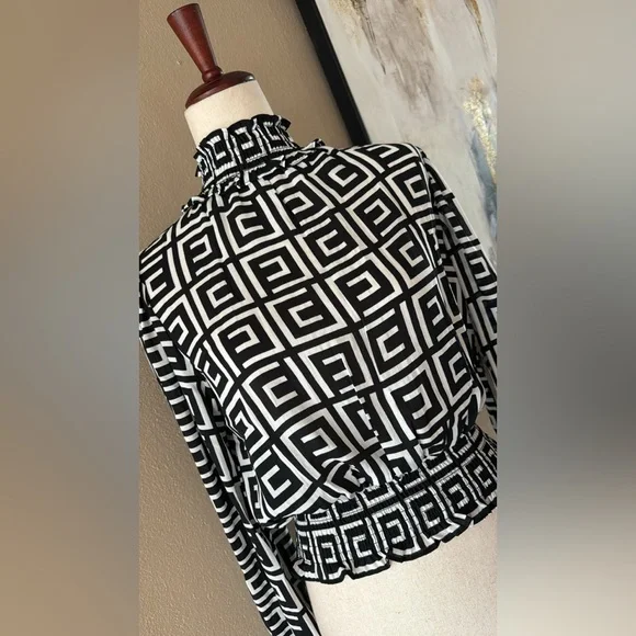 Geo black and white top with mock neck - Picture 7 of 9